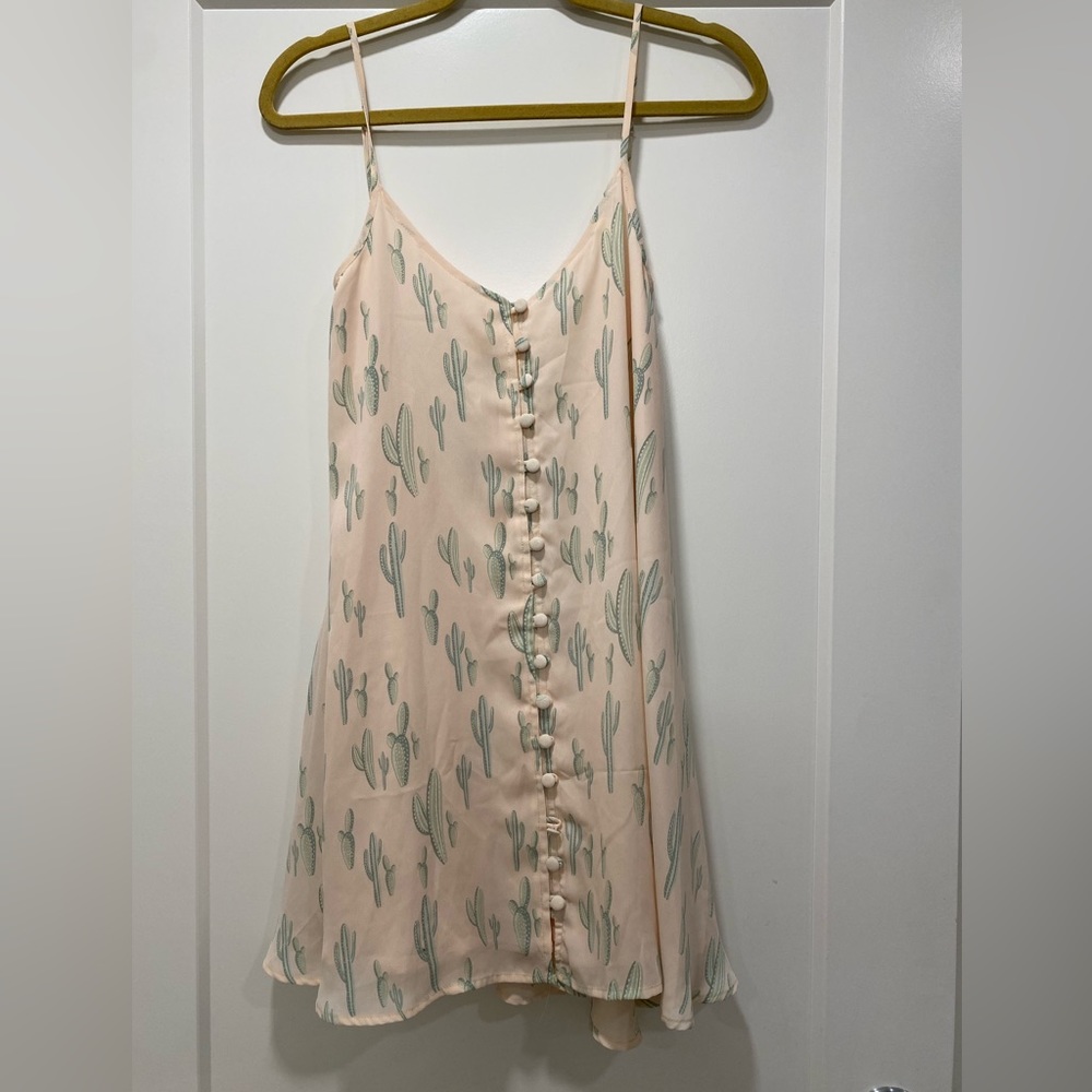 Lulu's Pale Peach Slip Dress with Sage Cactus Print
